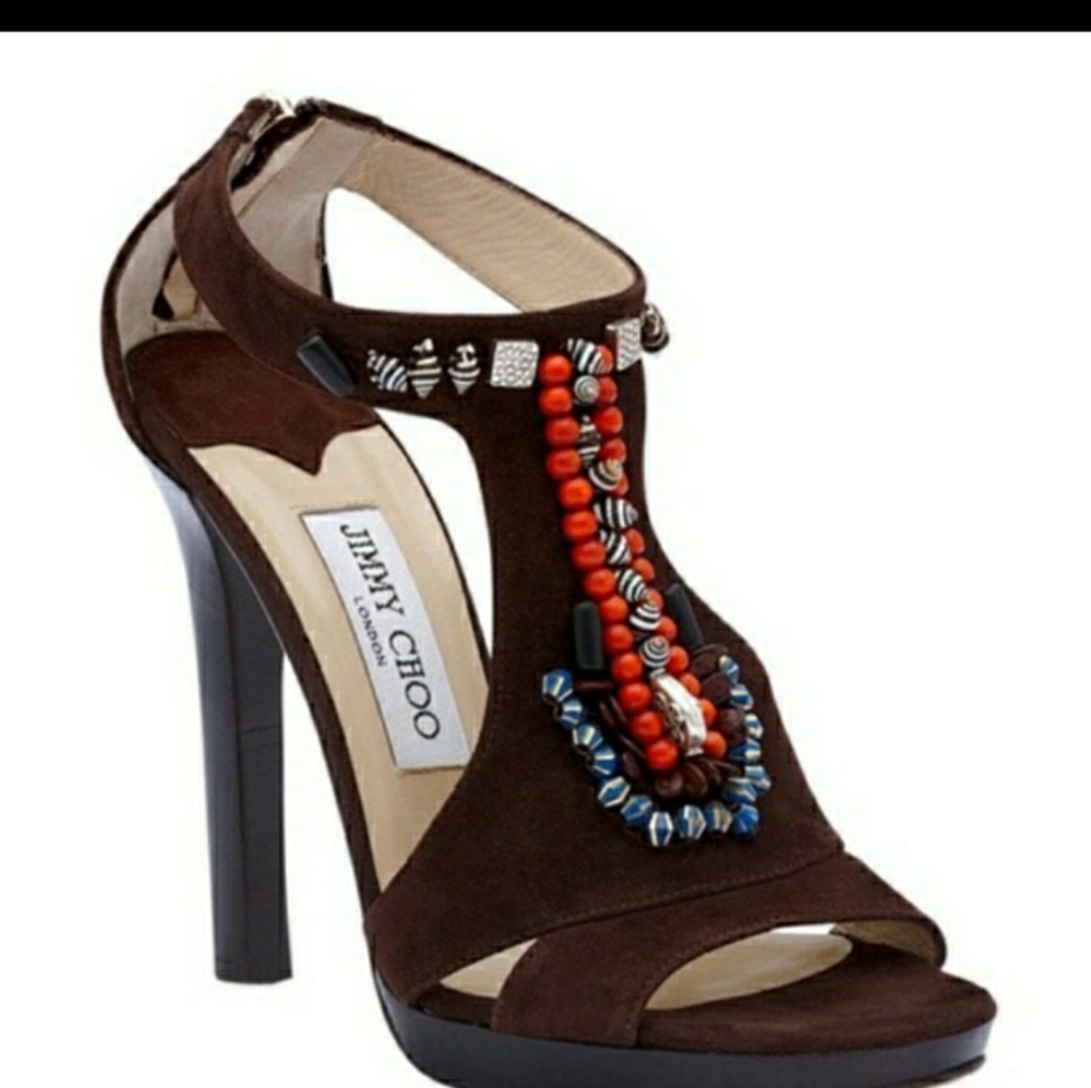 Jimmy Choo RIV suede beaded sandal heels sz 38 1/2